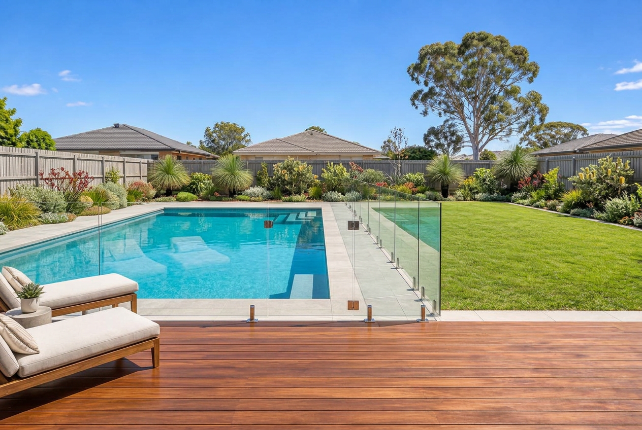 Backyard makeover concept with a glass-fenced pool, timber decking, lush lawn and Australian native garden beds